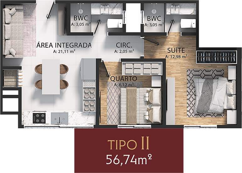 Apartamento, 2 quartos, 56 m² - Foto 2